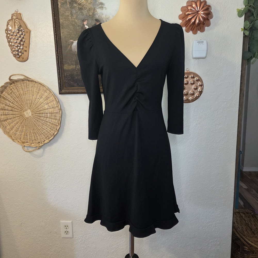 Express Black Ruched V-Neck Fit & Flare Dark Feminine Little Black Dress